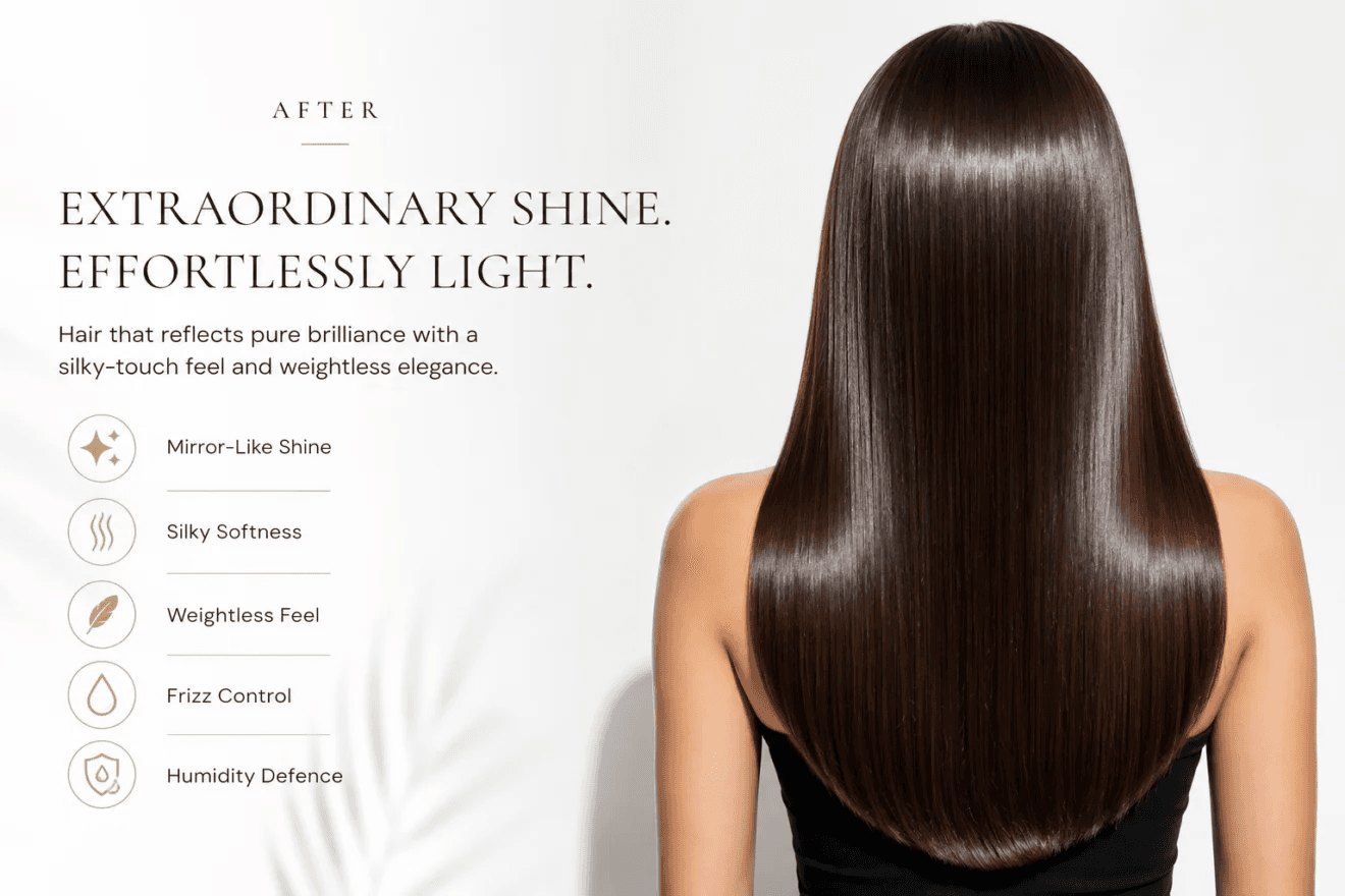 After composition describing extraordinary shine and lightness beside a model with smooth, glossy hair
