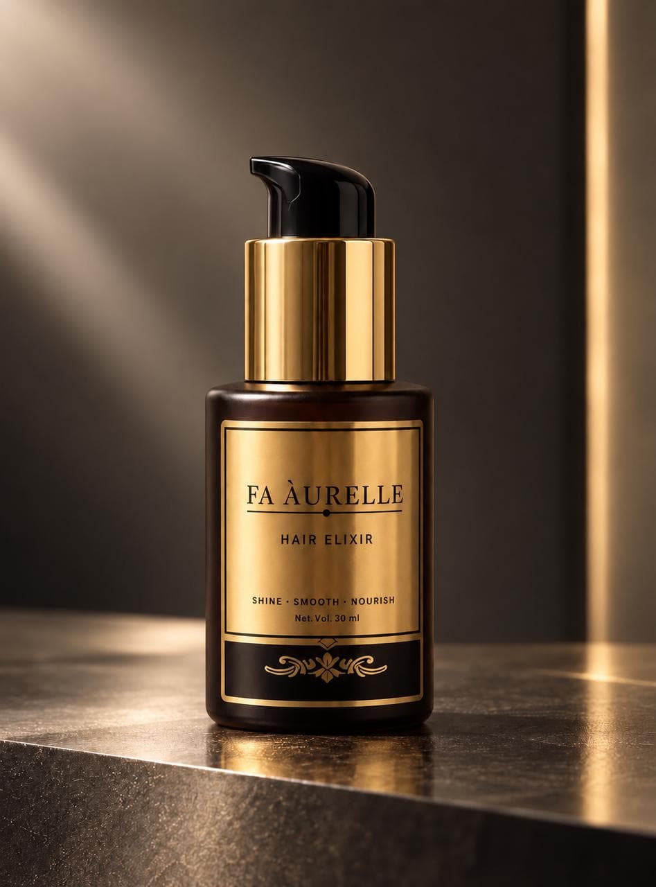 FA ÀURELLE Hair Elixir bottle on a warmly lit dark vanity